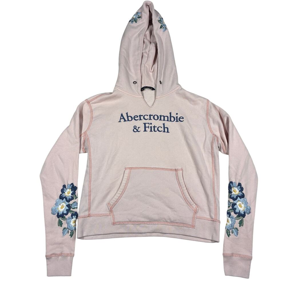 Abercrombie & Fitch Hoodie Small S Pink Crop Floral Fleece Pullover Embroidered